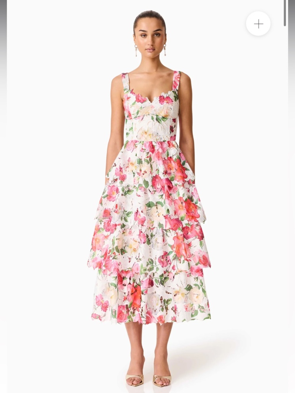 elliatt roselle white & pink floral tiered sweetheart neckline midi dress small